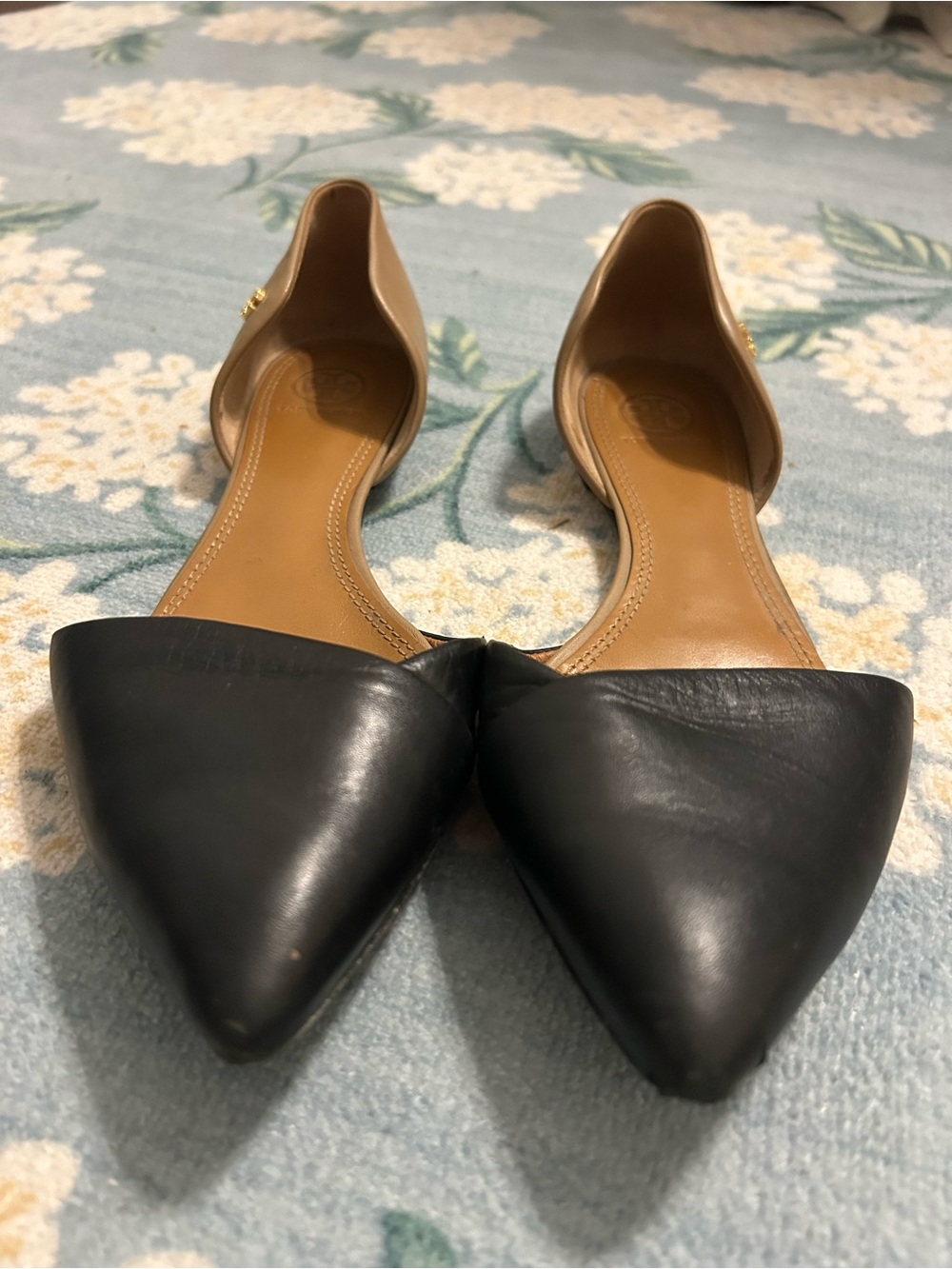 Tory Burch Pointed Toe Two-Tone Flats - Black and Tan